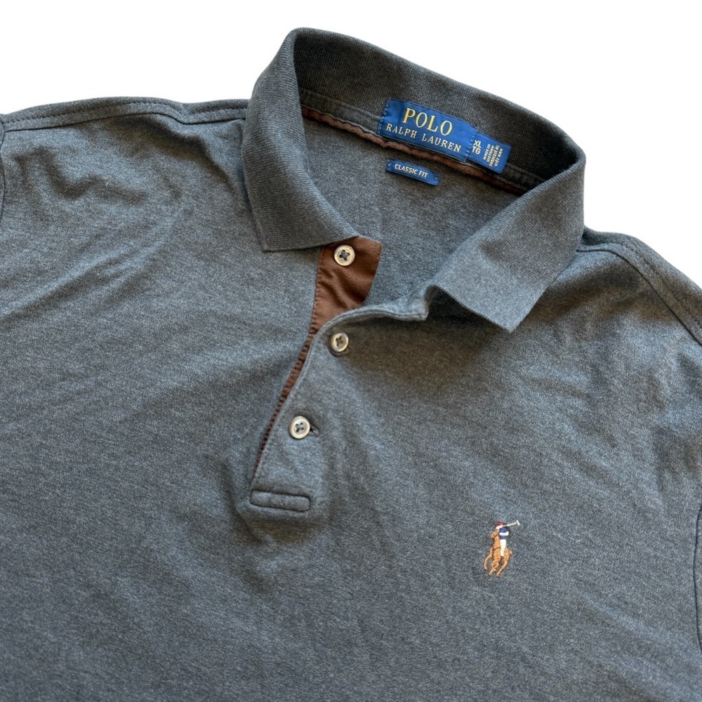 Polo Ralph Lauren Men's XL Gray Long Sleeve Polo Shirt Classic Fit Leather Trim
